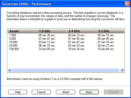 Review the Conversion Utility Performance dialog to estimate how long the database