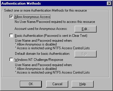Select the Directory Security tab and press the Edit button that is in the Anonymous Access and Authentication Control group box.