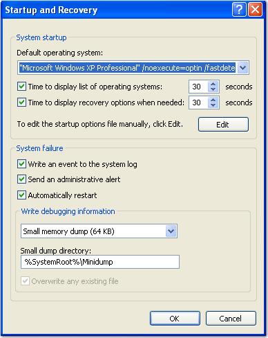 Appendix E Configuring DEP on Windows XP 4. In the Startup and Recovery section, click the Settings button. The Startup and Recovery dialog box appears. Startup and Recovery 5.