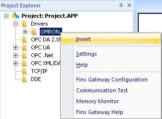 3. Right click on OMRON, and click Insert. 4. Create a driver worksheet as with any other driver in InduSoft Web Studio.