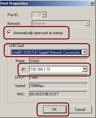 4. Select the LAN Card to be used, and verify that the IP Address is correct.