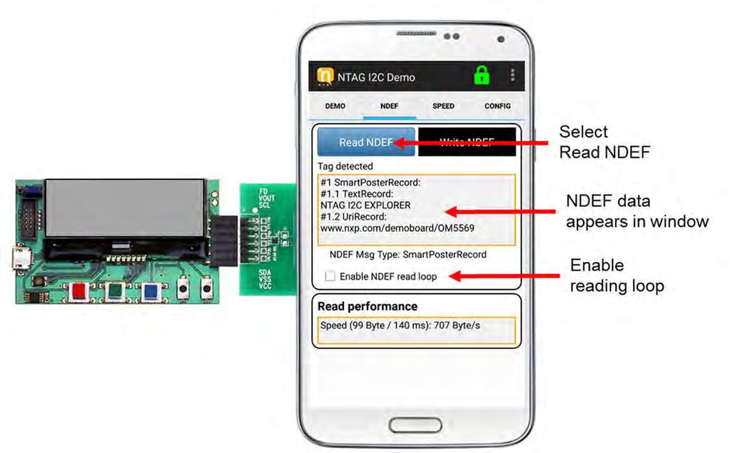 4.2.1 Reading NDEF data To read a NDEF formatted NTAG I 2 C plus tag chip: 1. Select Read NDEF from the tab on the right of the mobile device screen. 2. Tap the mobile device onto the antenna. 3.