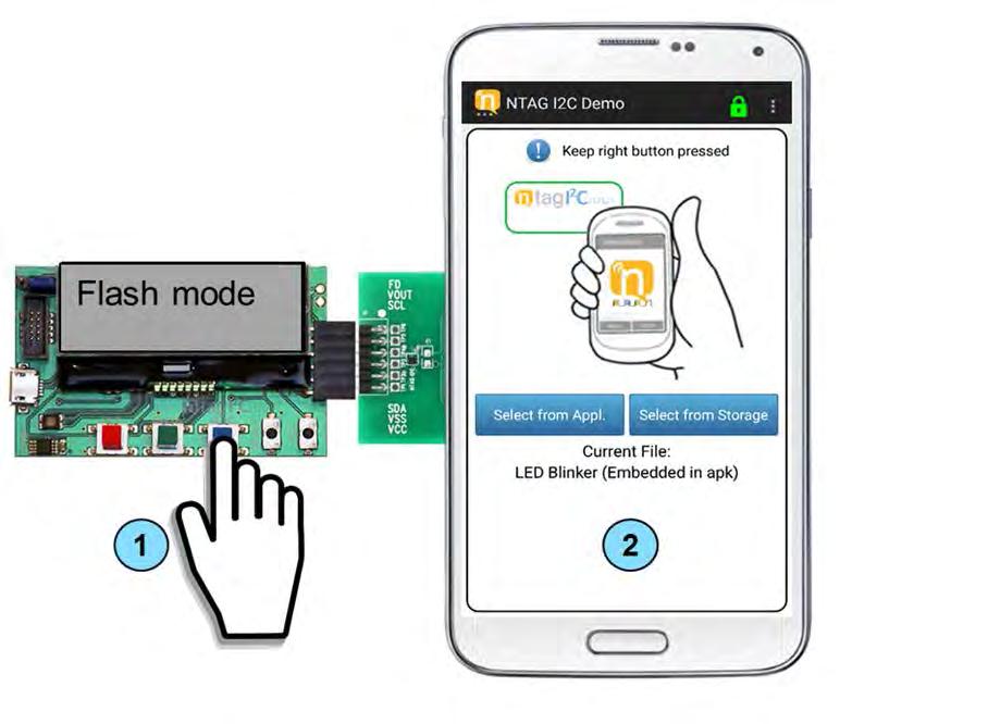 Fig 33. Entering NFC Flashing mode As soon as we tap the NEK board, the NFC flashing will start. Once the NFC Flashing process has started, we can release the right button.