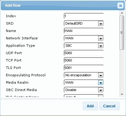 The SIP Interface also determines the port and network interface for media (Media Realm, configured in Section 2.4). Therefore, you need to add a SIP Interface for the LAN and WAN interfaces.