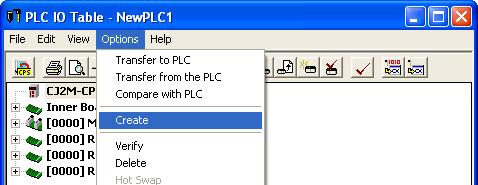 3 Select Create from the Options Menu of the PLC IO Table Window.