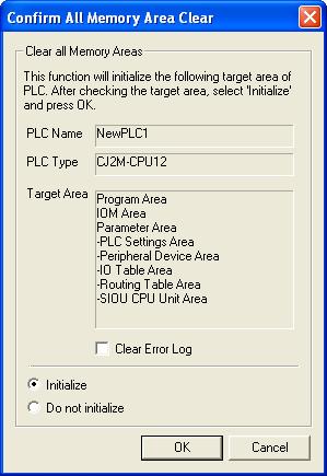 7.Initialization Method 7.1.2. CPU Unit To initialize the settings of the CPU Unit, select Clear All Memory Areas from the PLC Menu of the CX-Programmer.