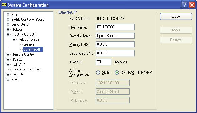 6. Click <Close>. 7. Select [Fieldbus Slave]-[EtherNet/IP]. 8. Set each item to the specific value to connect the Ethernet network.
