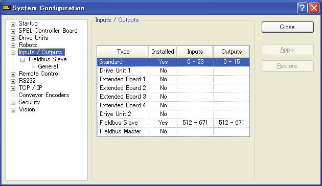 8. Select [Setup]-[System Configuration] and display the [System Configuration] dialog box. 9. Select [Inputs / Outputs]. 10. Make sure that the following are displayed in Fieldbus slave.