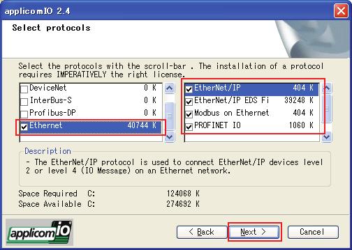 11. The [Select protocols] dialog box appears. Check the [EtherNet/IP] checkbox.