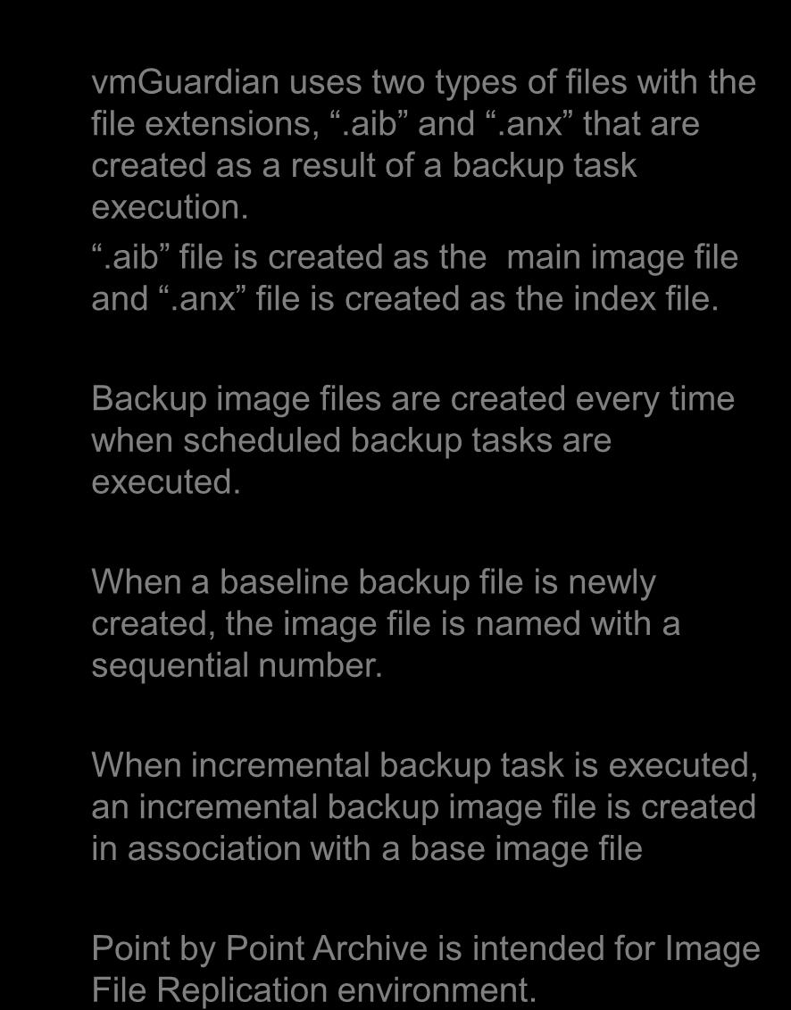 5. Backup (4) Created Backup Image(Point by Point Archive) Single Backup Image vmguardian uses two types of files with the file extensions,.aib and.