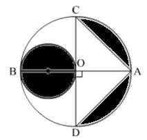 18. In Fig., AB and CD are two diameters of a circle with centre O, which are perpendicular to each other. OB is the diameter of the smaller circle. If OA = cm, find the area of the shaded region.