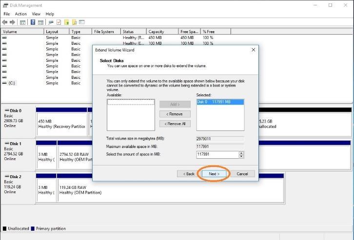 on the C: partition in Disk Manager and selecting Extend Volume.