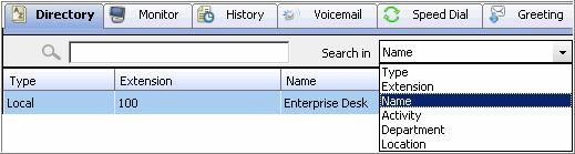 Searching in the Tabbed Windows Searching is available in these tabs: Directory, History, Contacts, Voice Mail, WG Voicemail, and Speed Dial. To search, 1.