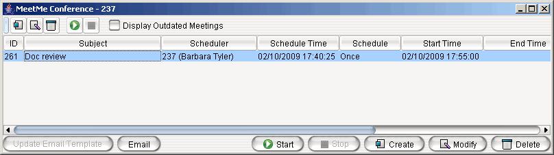 Using this window, you can: Create a one-time or recurring meeting and set its parameters Open Microsoft Outlook to send an e-mail invitation to participate in the meeting Start and stop a meeting