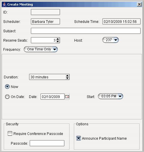 The options in the middle panel change, depending on the frequency you select The following parameters apply to all meetings: Parameter ID Scheduler Schedule Time Subject Reserved Seats Description