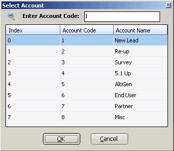 1. Click the Account button. 2. In the dialog box, select an account code if a list is displayed, and click OK.