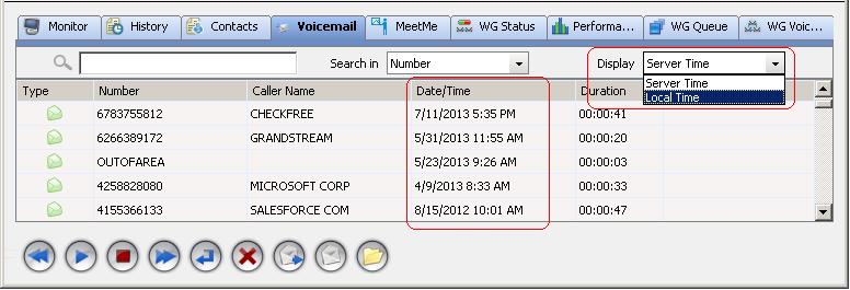 Choose Display to indicate whether to show the time of the voicemail messages as the local time or the server time (this is only offered if the server is in a different time zone).