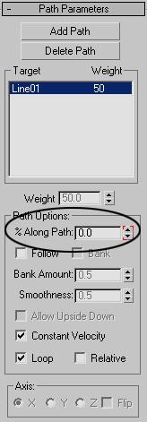 Tip: The red spinner indicates that parameter is animated. 14. Scrub the time slider; the camera animates along the path and the spinner updates. 15.