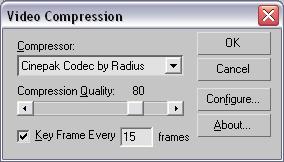4. In the Video Compression dialog, use the Cinepak Codec by Radius and set the Compression Quality to 80. Then, click OK.
