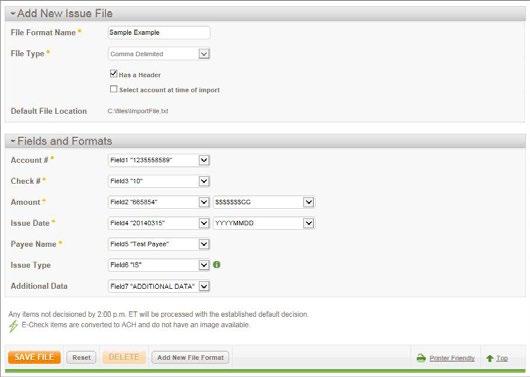 4. Click Save File to save the file format, Reset to start over, or Delete to delete an existing file.