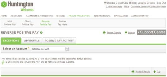 exceptions The Exceptions tab allows you to quickly review all checks that have posted to your account each business