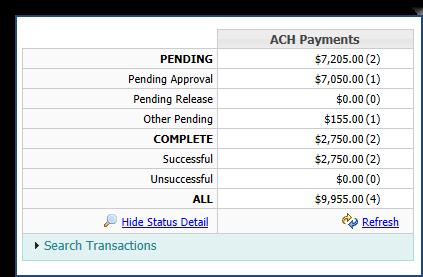 institution for processing. Pending Release - Only applies to wires and therefore will display all zeros for ACH. Other Pending - This field often represents batches that are pending delivery.