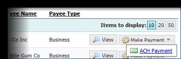 Each row of the table contains a summary of a single payee. Table data can be sorted by clicking on the table headings Display Name, Payee ID, Payee Name, and Payee Type.
