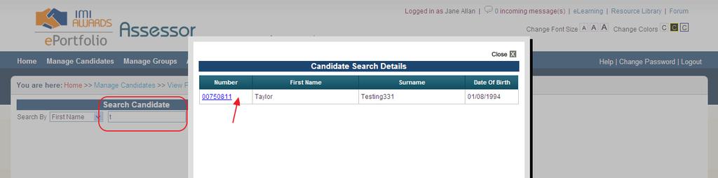 Clicking View Portfolio will take you this page. You can search for a candidate by entering all, or part of, their name into the search box.