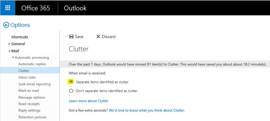 Using the Clutter feature to de-clutter your inbox Clutter uses any rules you have setup for your inbox. You then train it by marking messages as clutter.