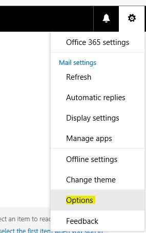 To turn this feature on open Office 365 mail and select the Office 365 Settings icon in the upper right corner of the menu bar. Then select Options.