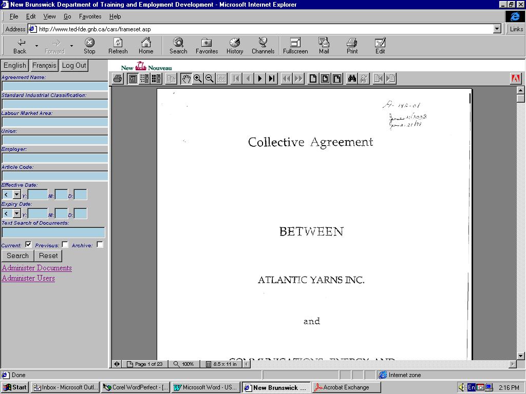 Document Frame Screen Explanation: The original hard copy agreements have been imaged and saved as portable document format (PDF) files. These files are read using the Adobe Reader.