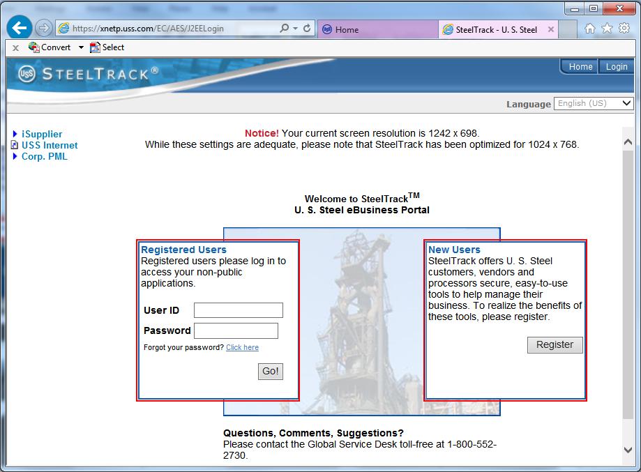 The following steps demonstrate how to register for isupplier. 1. Login to the U. S. Steel website at http://www.ussteel.com/corp/index.asp 2.