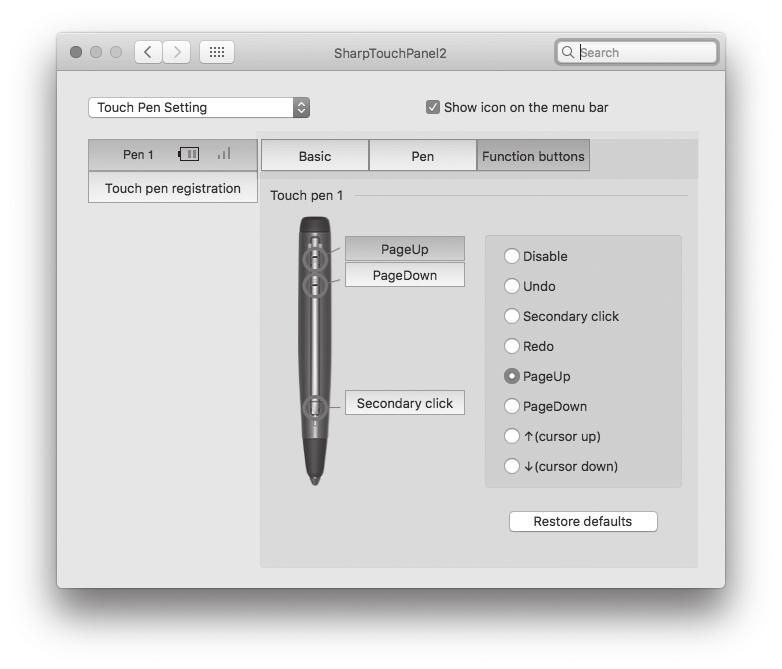 Touch Pen Settings Function buttons Functions can be assigned to the function buttons of an active pen. You can also specify whether or not the pointer function is assigned to function button 4.