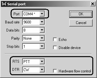 In the Serial Port dialog, select Port to match the MixW RigExpert Tiny CAT Port (see the driver installation guide to find out which port is a CAT port), then set other parameters