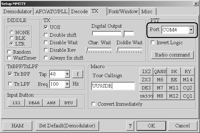 This setting will let MMTTY transmit RTTY via the sound card. 2. Set up PTT and CW outputs 2a. In the Setup MMTTY dialog, select the TX tab. 2b.