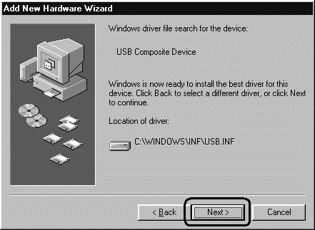 Driver Installation Guide (Windows 98) 7 1. Insert the supplied disk (if available) into the drive. 7. Click Next when you see the "Windows is now ready to install " window.