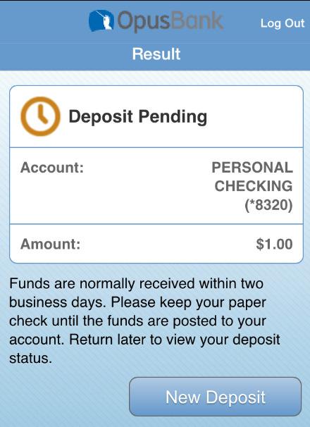 ❺ After you have captured and confirmed both the front and back of the check, you will be taken to the Confirm screen.