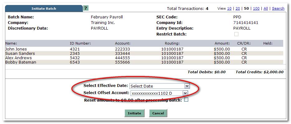 ACH Companies that require offset account Select Initiate from the drop down menu on the batch listing page.