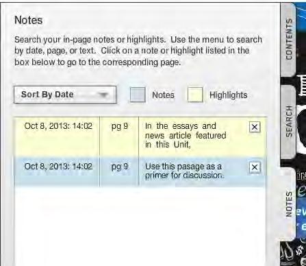 Notes The Notes tab allows users to view, navigate to, or delete previously created notes or highlights in the ebook.