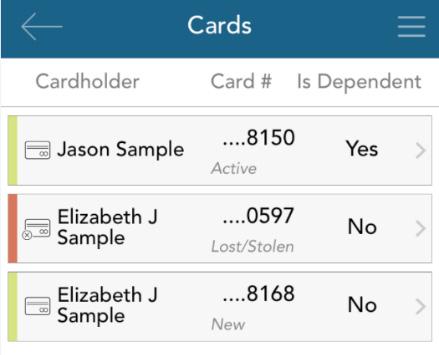 If your card is marked as lost/stolen, you will see the card status change on the cards screen as shown below: