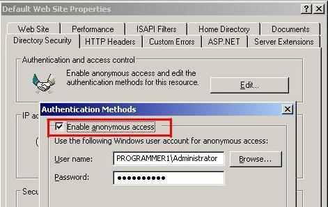 3. From the Directory Security tab, click Edit in the Authentication and access control area. Select Enable anonymous access, as shown below. Default Web site Properties Authentication Methods 4.