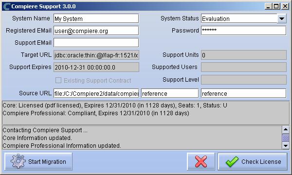 14) If you have a Compiere Professional Edition license or a free trial license, execute utils/run_support and click Check License to continue.
