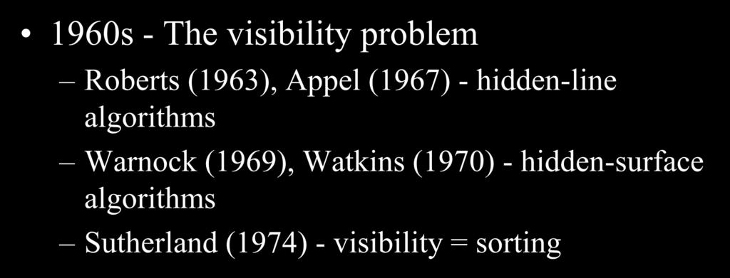 Rendering 1960s - The visibility problem Roberts (1963), Appel (1967) - hidden-line algorithms