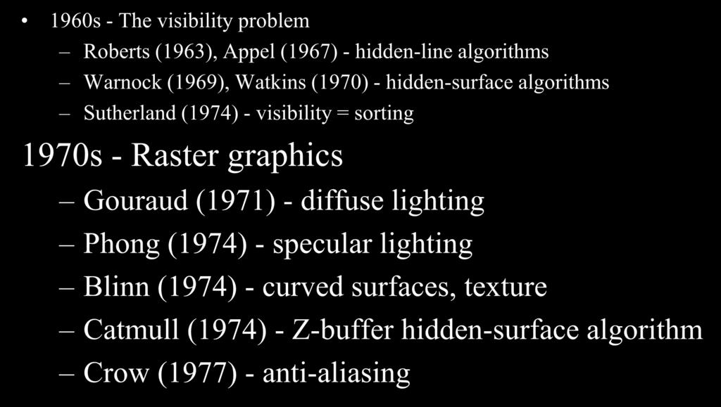 1960s - The visibility problem Roberts (1963), Appel (1967) - hidden-line algorithms Warnock (1969), Watkins (1970) - hidden-surface algorithms Sutherland (1974) - visibility = sorting 1970s -
