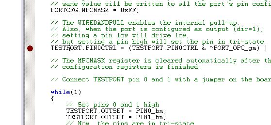 AVR1512 Figure 14. Add a break-point before the while(1)-loop 4. Open the I/O view and look at the TESTPORT register view. What happens to the PINnCTRL pins when you now single step (F10)? 5.