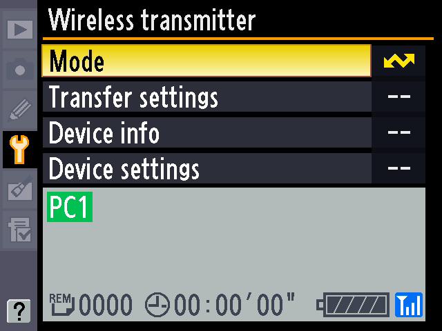 5: Connect to the Computer 5-4 Return to the wireless transmitter menu and turn the WT-4 on. The profile name will be highlighted in green when a connection is established.