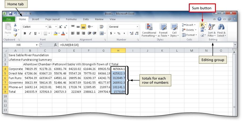 Determining Multiple Totals at the Same Time Highlight a range at the end of rows or columns of numbers to total Click the Sum