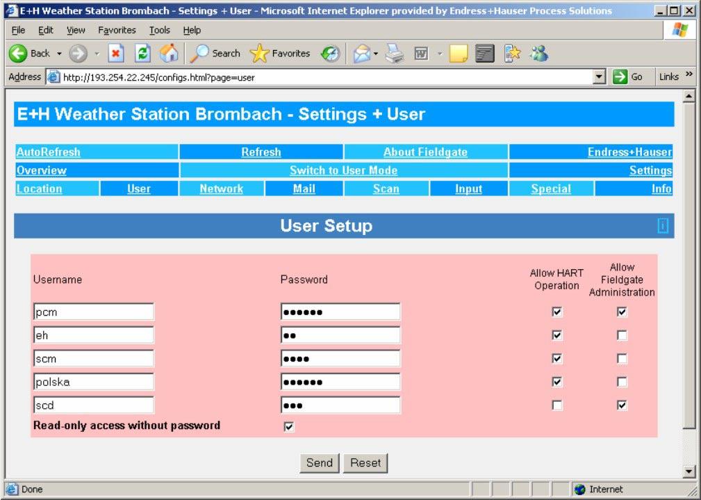 User management Up to five user accounts can be set up for each Fieldgate.