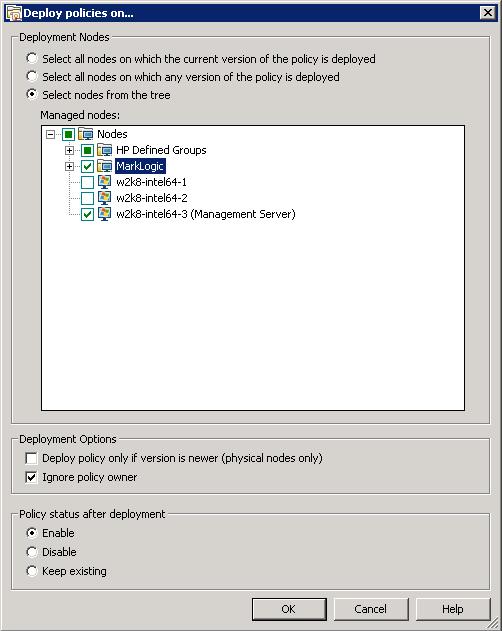 Configuring the MarkLogic Smart Plug-in for HP 14. In the Deploy Policies On window, select MarkLogic.