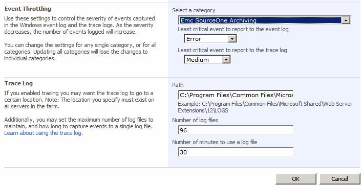 Troubleshooting EMC SourceOne for Microsoft SharePoint Figure 37 Diagnostic logging EMC SourceOne Archiving category The default location of SharePoint logs is: C:\Program Files\Common